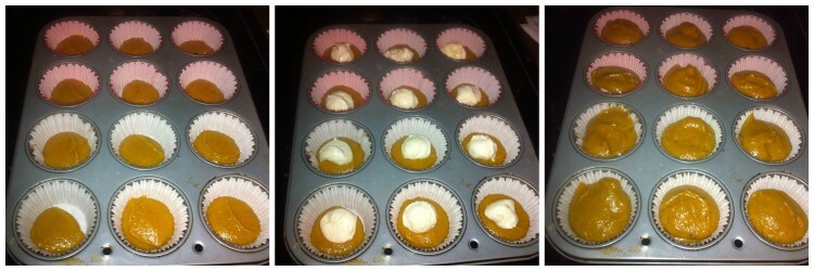 The cupcake tins with the pumpkin cupcake batter and cheesecake batter layered on the pumpkin cheesecake cupcakes. 