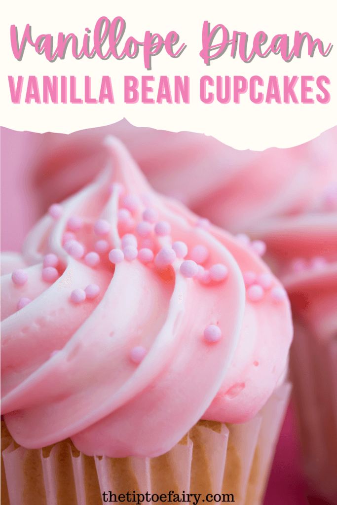 Title image with a close up of a cupcake with pink frosting and pink sprinkles