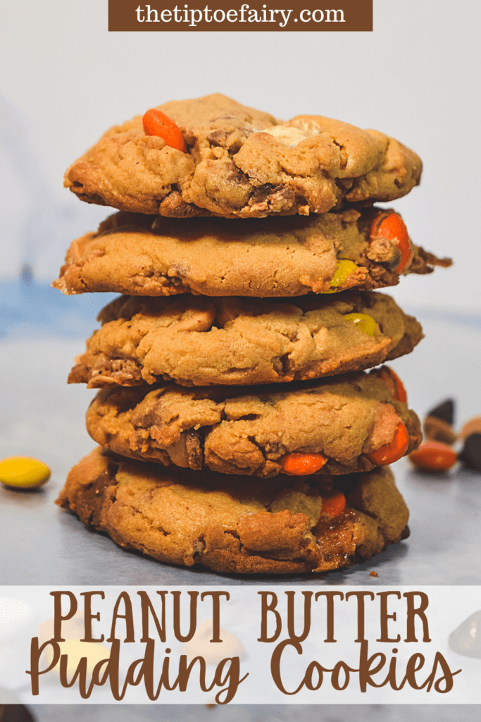 Title image with a stack of Peanut Butter Pudding Cookies