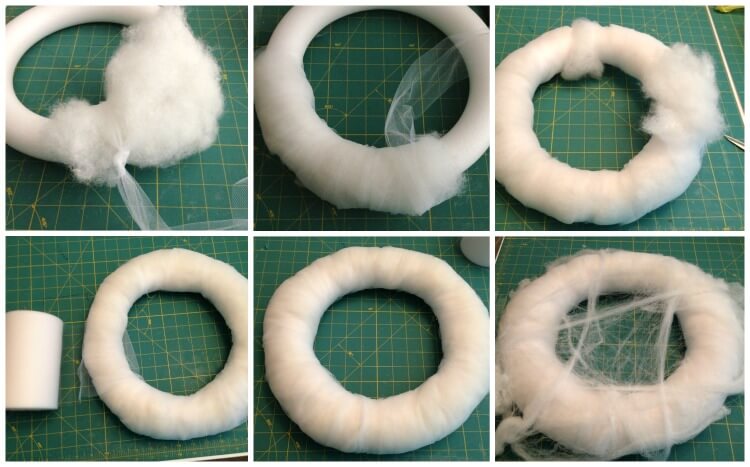 How to wrap the styrofoam wreath in white tulle and stuffing. 