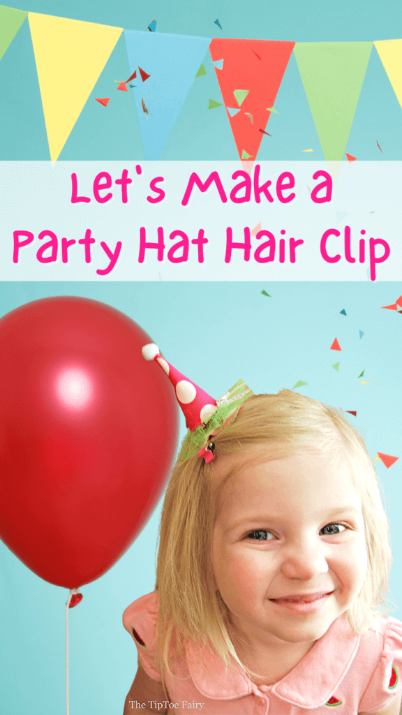 Blue background with red balloon and little blonde girl wearing the party hat hair clip