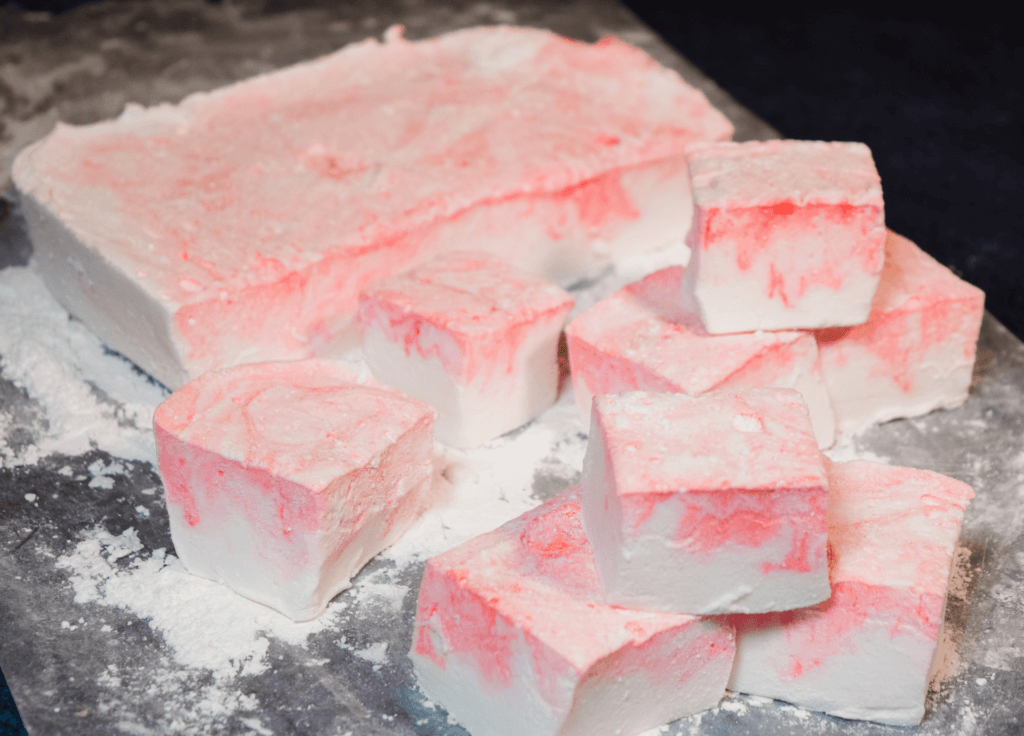Homemade Peppermint Marshmallows on wax paper. 