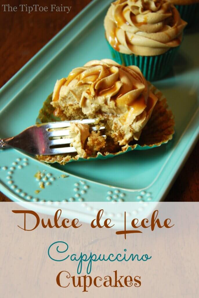 Dulce de Leche Cappuccino Cupcake with a fork cutting into it on a blue platter. 