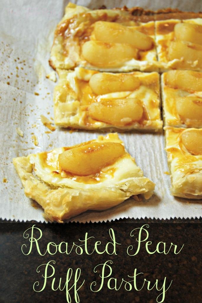Roasted Pear Puff Pastry with cream cheese and drizzled in dulce de leche syrup