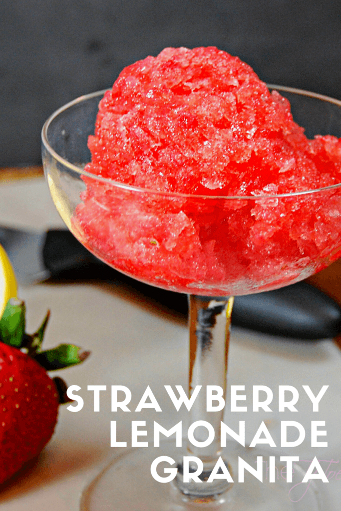 title image of strawberry lemonade granita in a champagne glass