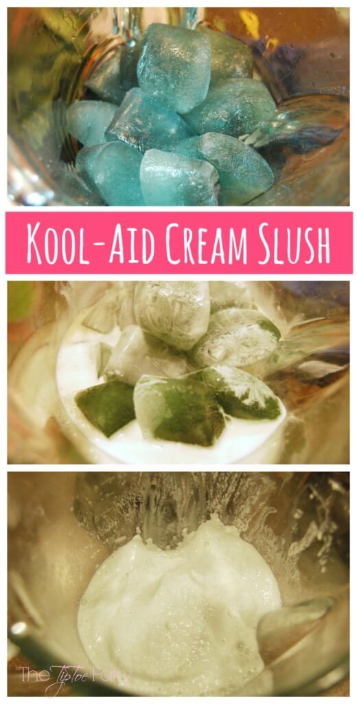 Collage image of kool-aid cream slush being made