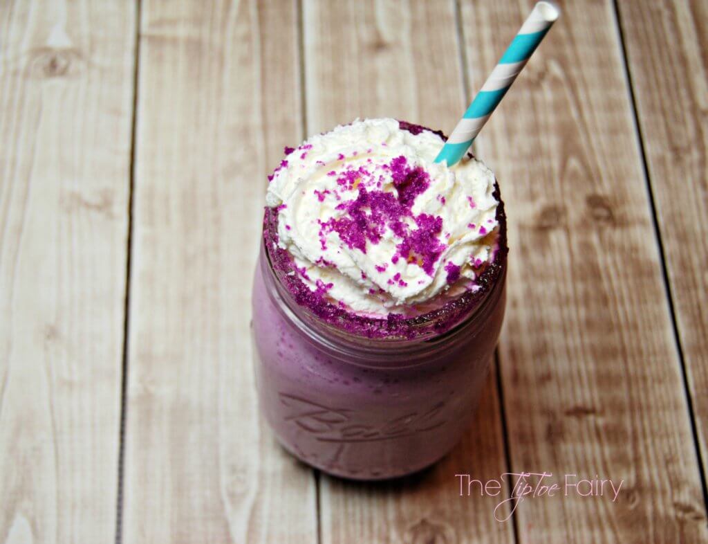 Top view of the purple cow cake batter milkshake