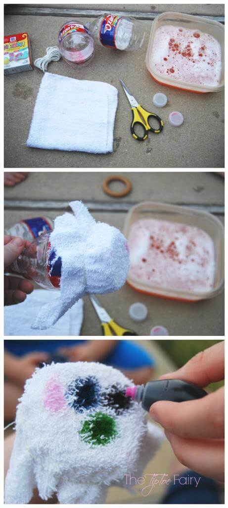 Make tie dye bubble snakes with leftover water bottles, washclothes, and food coloring.