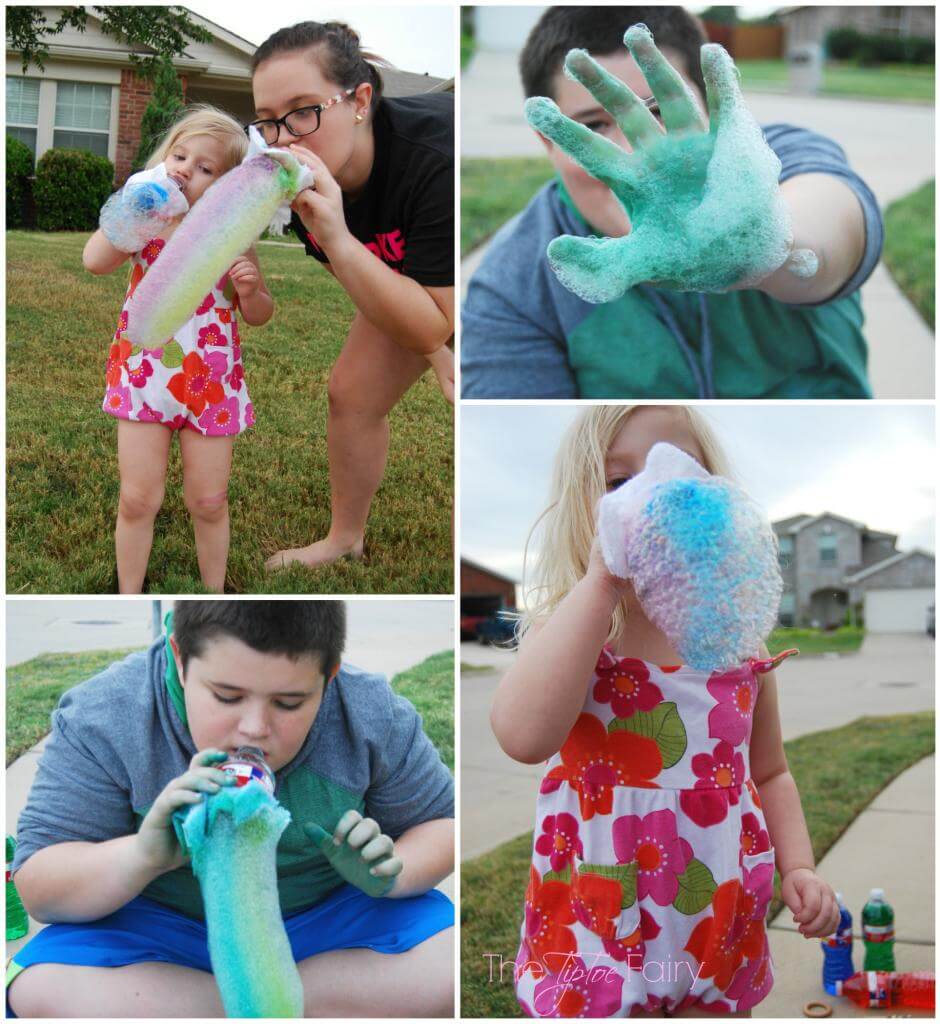 Use food coloring to make tie dye bubble snakes using old water bottles.