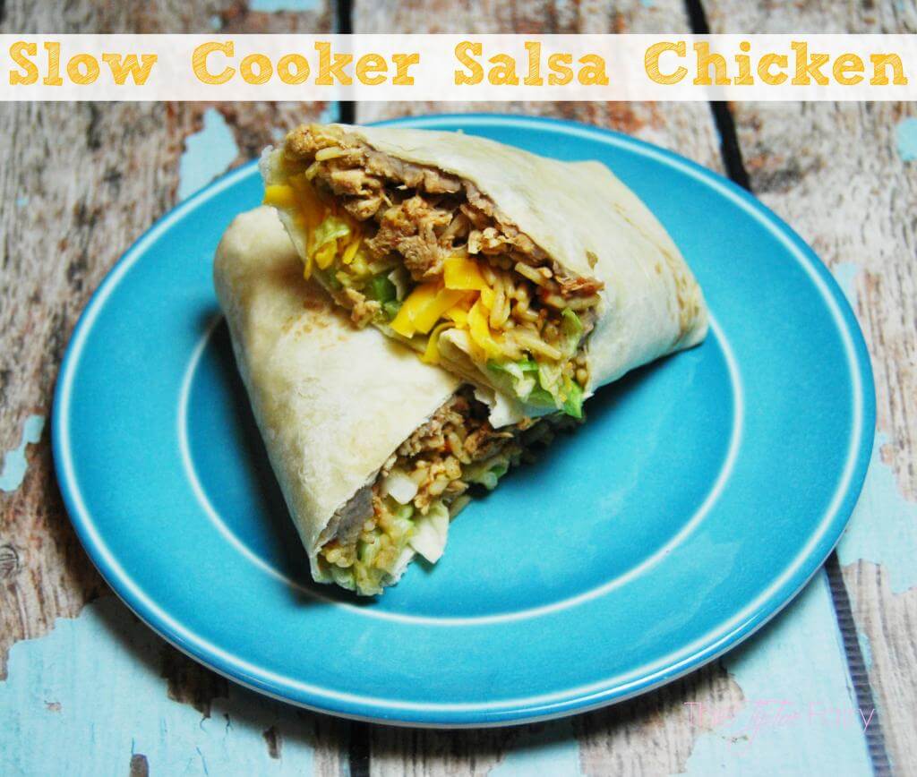 Shredded Chicken Burritos made in the slow cooker with salsa chicken that takes just 2 ingredients chicken breasts and salsa!