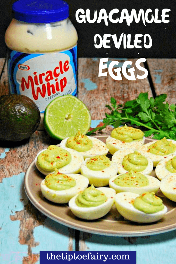 Title image for Guacamole Deviled Eggs with a jar of Kraft Miracle Whip, avocado, lime, and cilantro with the eggs. 