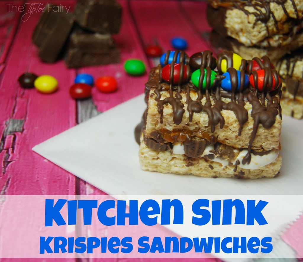 Kitchen Sink Krispies Sandwiches - fun snack and feel-good treat. An easy hack for ready made Rice Krispies Treats full of marshmallow butter, dulce de leche, chocolate, and more! | The TipToe Fairy #KreateMyHappy #Ad