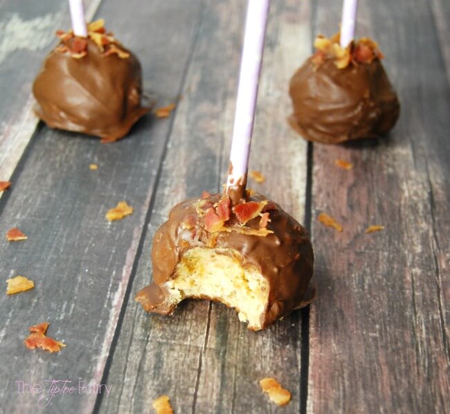 Chocolate Peanut Butter Cake Pops topped with Bacon - for a delicious treat! | The TipToe Fairy #peanutbutterbash