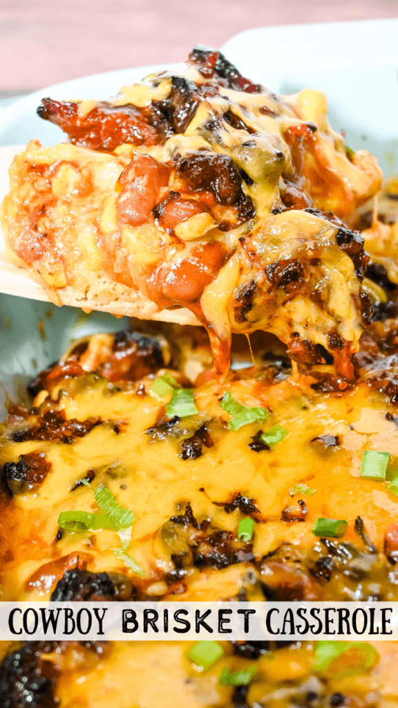 Title image with a close up view of the Cowboy Brisket Casserole in a light blue casserole dish with a spoonful in a wooden spoon 