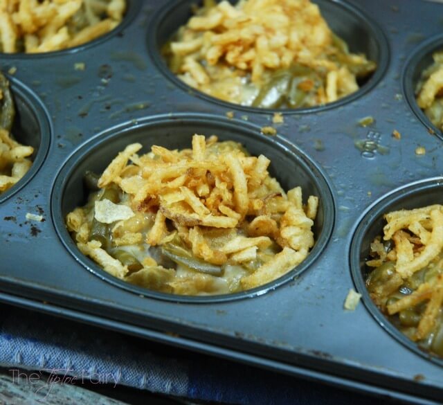 Finish the Green Bean Casserole Cups with extra fried onions. 