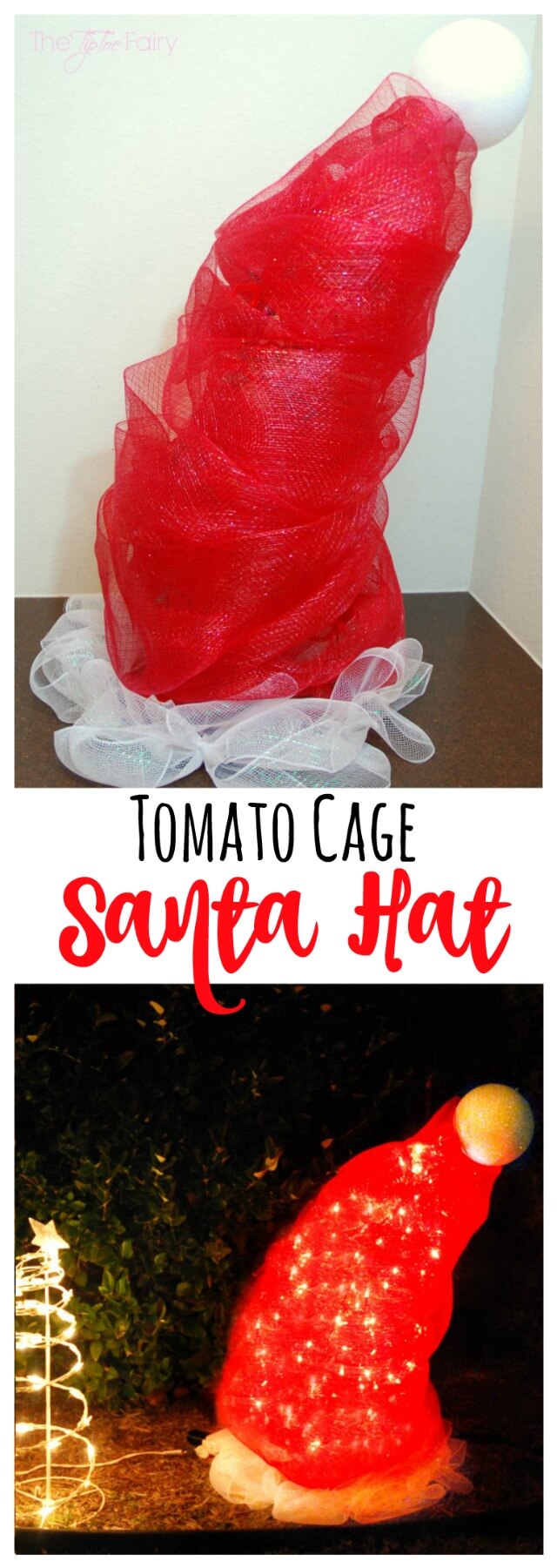 DIY Santa Hat Tomato Cage Christmas Decor - an easy yard art display! | The TipToe Fairy