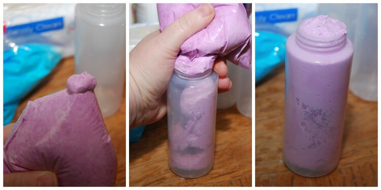Then, we transfer from the baggies to squirt bottles. Make sure to cut the squirt bottle top pretty wide so you can squirt out paint easier. 