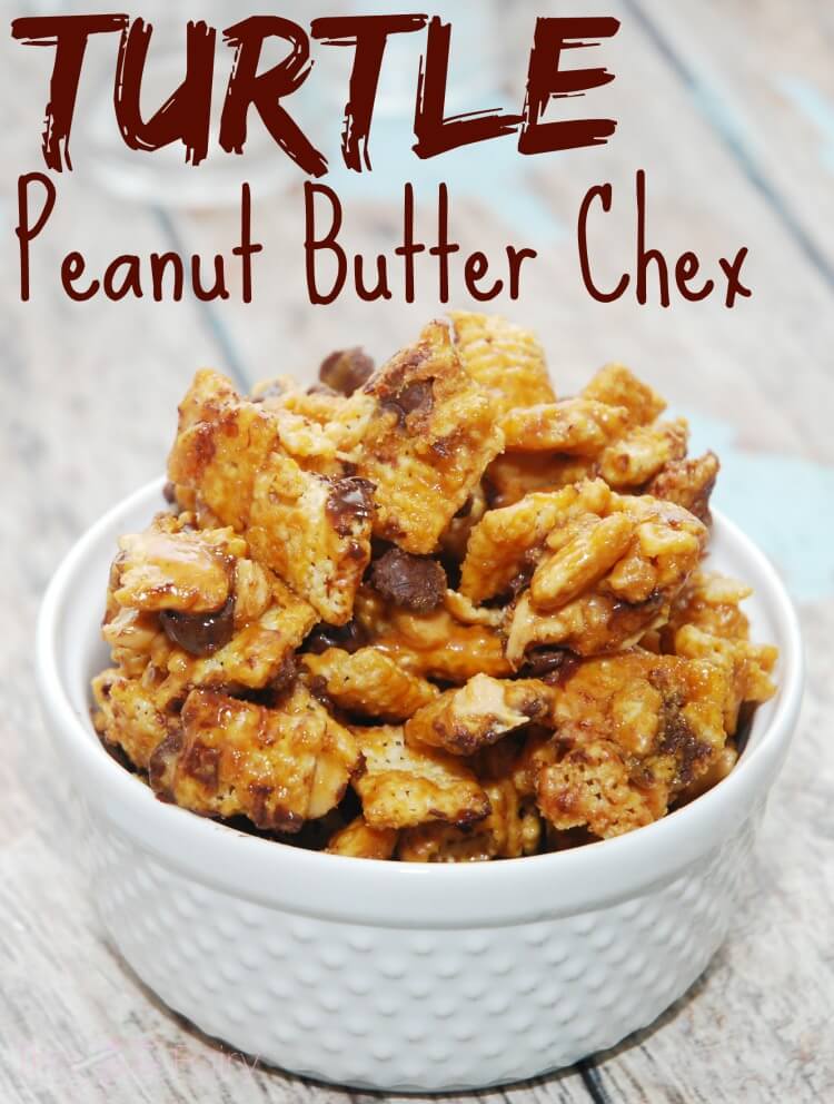 Turtle Peanut Butter Chex Mix will satisfy that sweet tooth! #food #foodie 