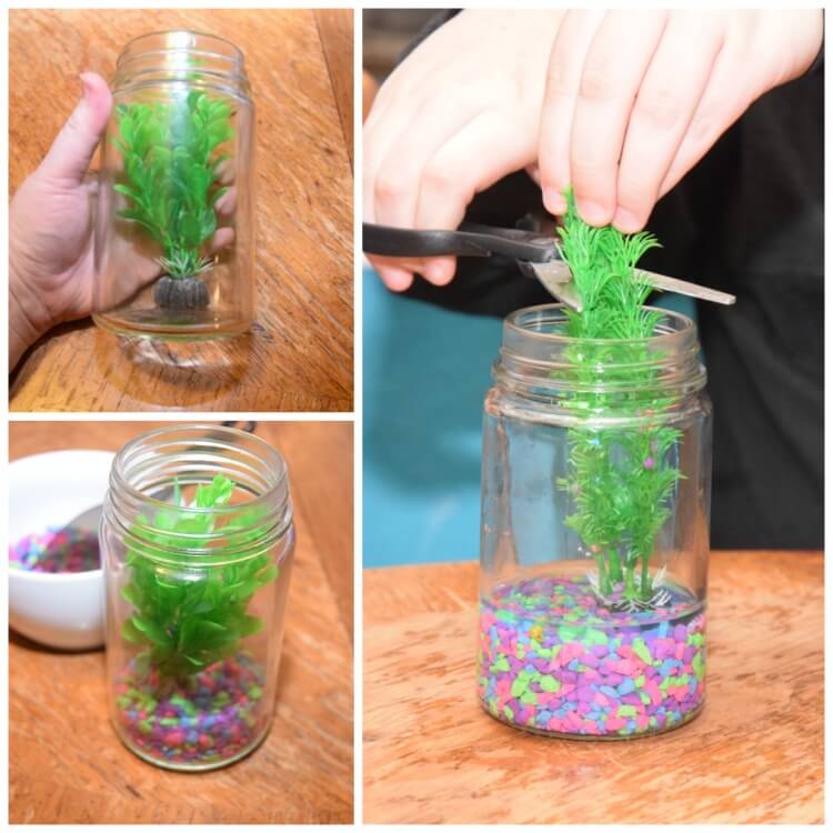A collage of three photos showing how to add the aquarium plant and gravel to the light up mason jar aquarium