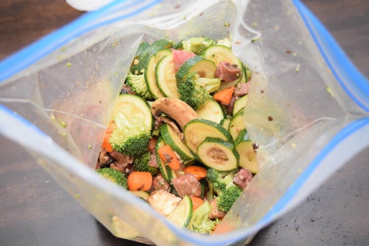 Quickly marinate the veggies and steak in a zipper bag