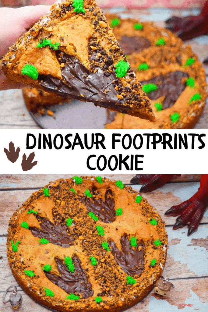 Dinosaur Footprints Cookie collage with a hand holding a slice of cookie pizza. 