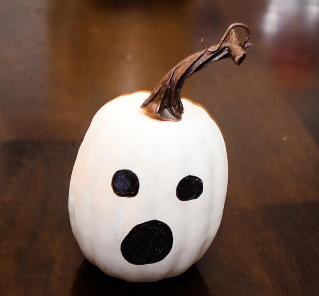 Close up view of the white ghost pumpkin.