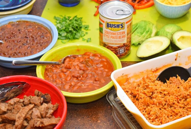 Buffet style fixins for Steak Burrito Bowls