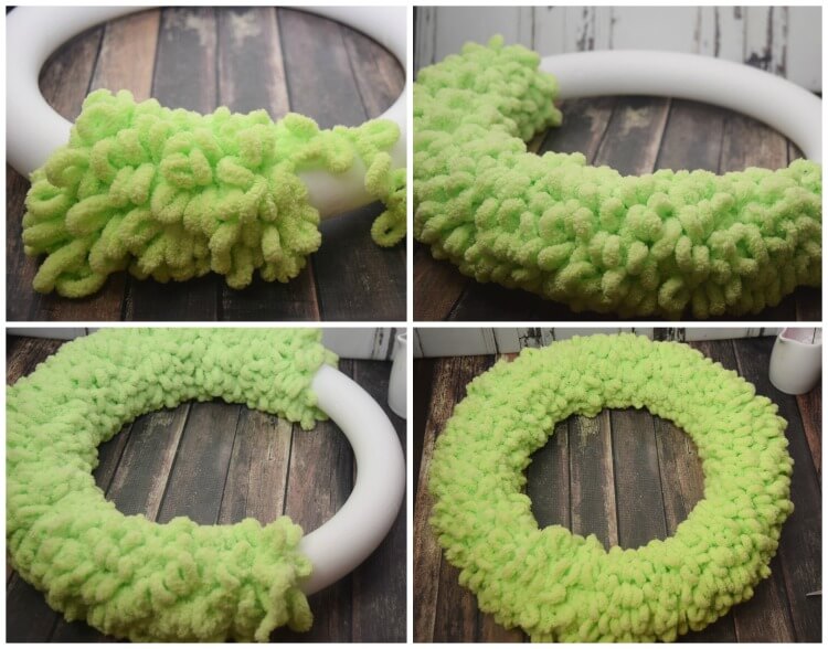 See the progress as I wrap the wreath with loop yarn. 