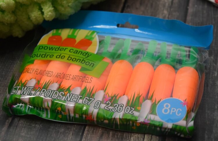 These plastic carrots are at the Dollar Tree and filled with powdered candy. 