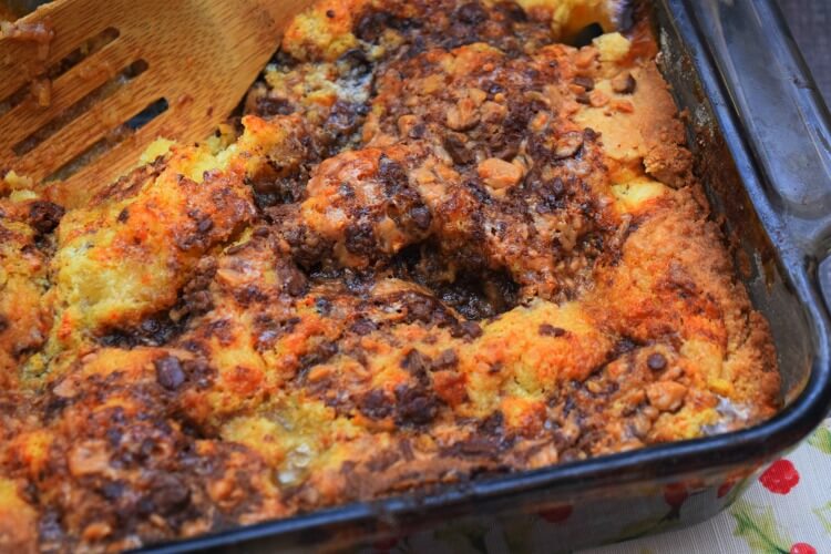 Peach Dump Cake with Milk Chocolate Toffee Bits