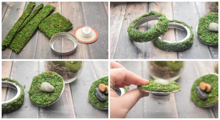 Cut a moss sheet and cover the mason jar lid with moss, rocks, and mini dinos to decorate your dinosaur terrarium. 