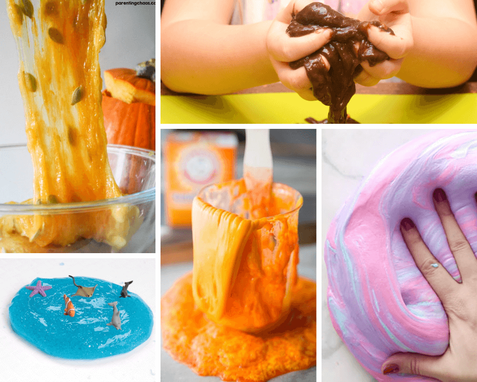 Slime Recipe Collage with volcano slime, ocean slime, fluffy slime, mud slime, and pumpkin slime. 