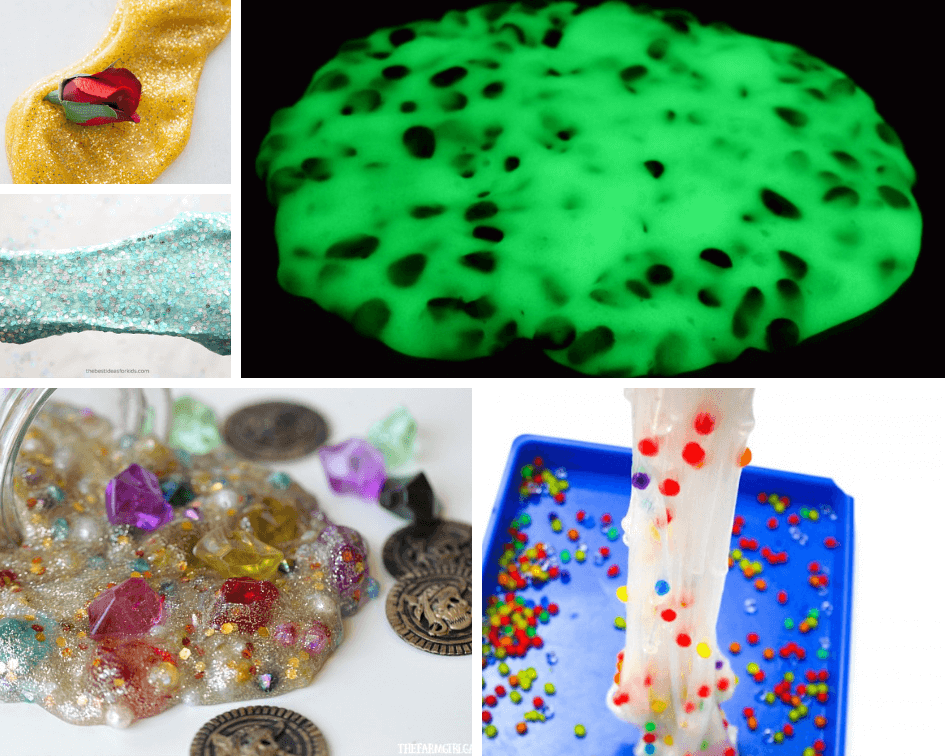 Slime recipe collage with glow in the dark alien rock slime, mermaid slime, princess slime, pirate booty slime, and water bead slime. 