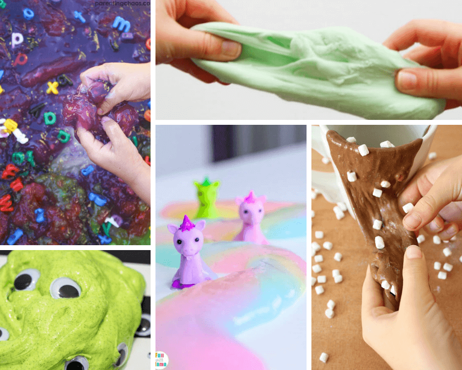 Slime Recipe Collage with monster slime, ABC slime, unicorn slime, gummy bear slime, and hot chocolate slime