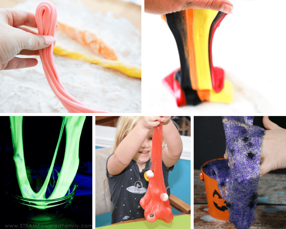 Collage of slime recipes with Starburst candy slime, The Incredibles slime, glow in the dark slime, Eyeball slime, and Glitter Spider slime. 