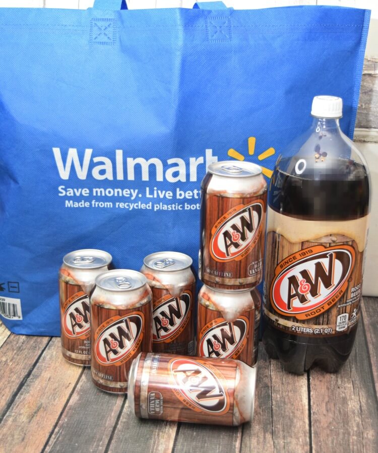 A&W Root Beer with a Walmart bag. 