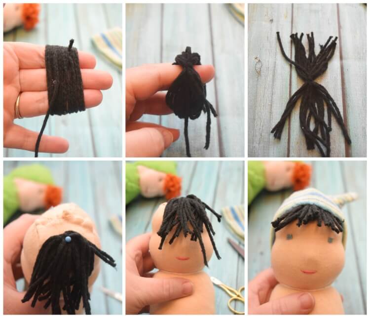 How to make a tuft of hair bangs for a swaddle baby doll using yarn. 