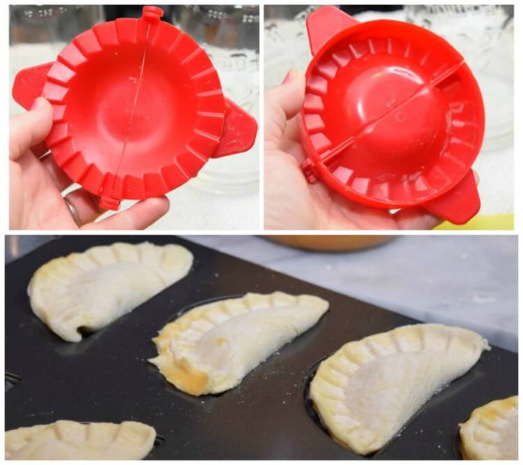 Use the pie maker from the mini pie kit to cut the pie crusts and then squish them together.