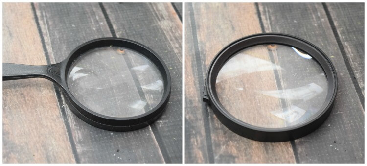 Cut the handle off the magnifying glass. 