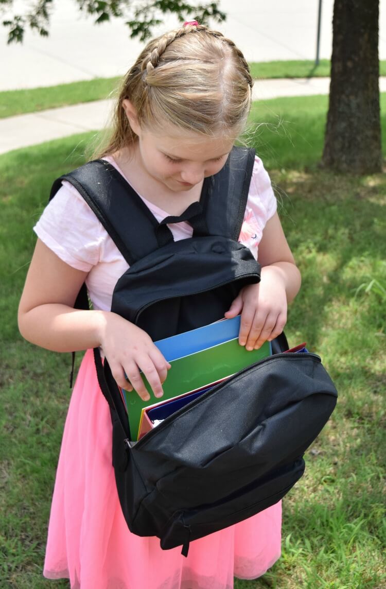 A backpack full of Big Box school supplies. 