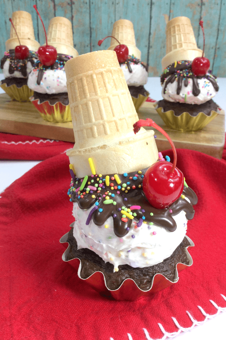A close up view of the Upside Down Ice Cream Cone Cupcakes