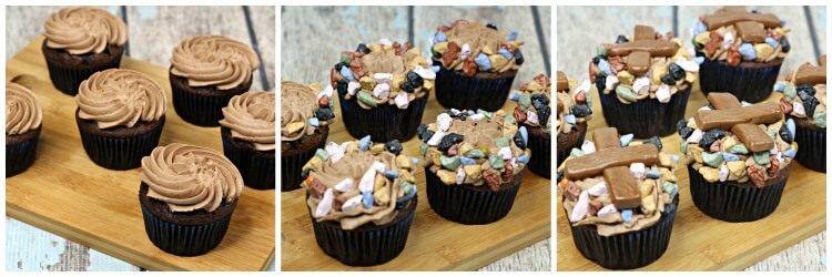 How to decorate the base of these Campfire Cupcakes with candy rocks and tootsie rolls.