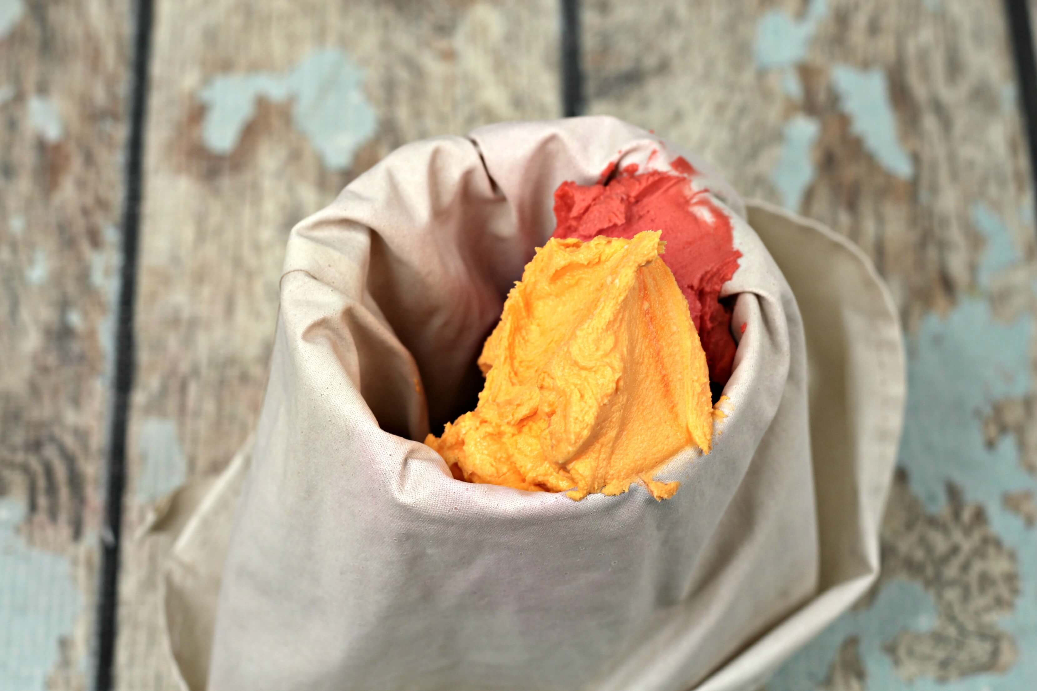 Red, Yellow, and Orange buttercream frosting for the flames of the Campfire Cupcakes.