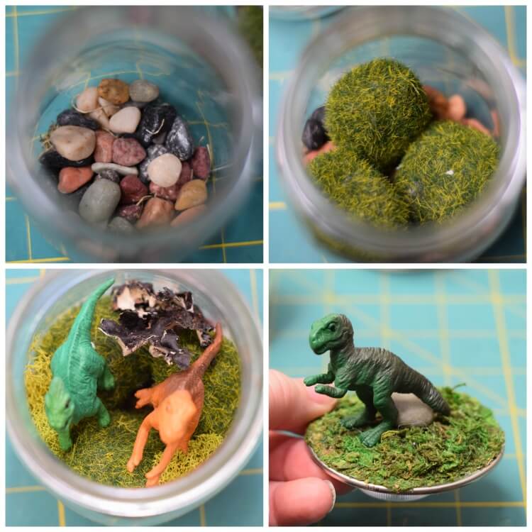 How to layer the DIY Dinosaur Terrarium Nightlight in a Mason Jar