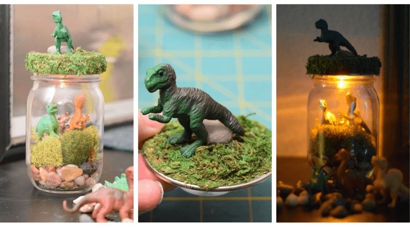 Both light and unlit views of the DIY Dinosaur Terrarium Nightlight in a Mason Jar in a collage