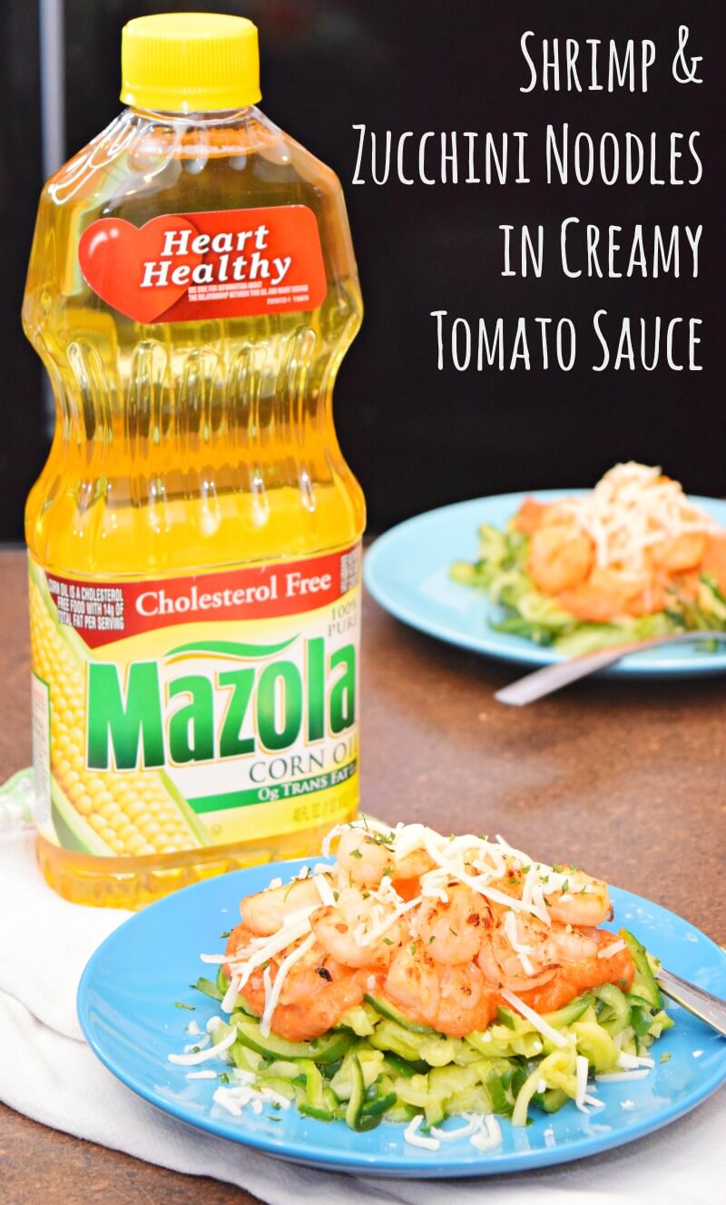 Shrimp and Zucchini Noodles in Creamy Tomato Sauce with a full bottle of Mazola Corn Oil.