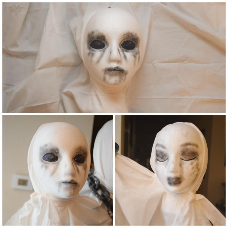 How to hot glue the styrofoam heads into the ghost costume