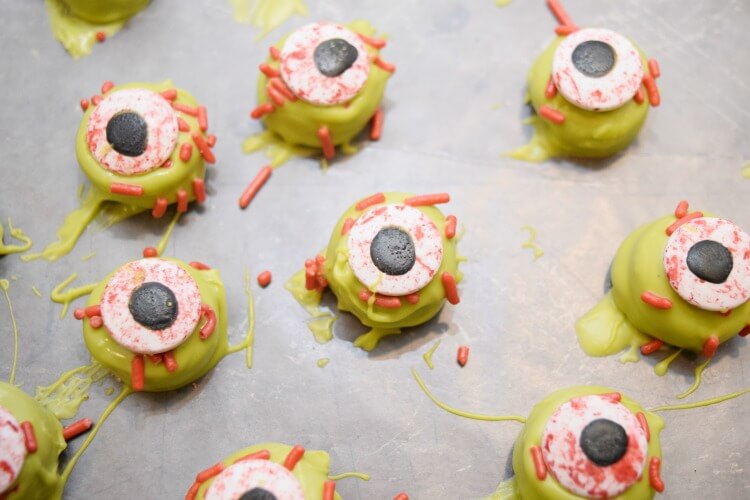 A close up view of the zombie eye cookies.