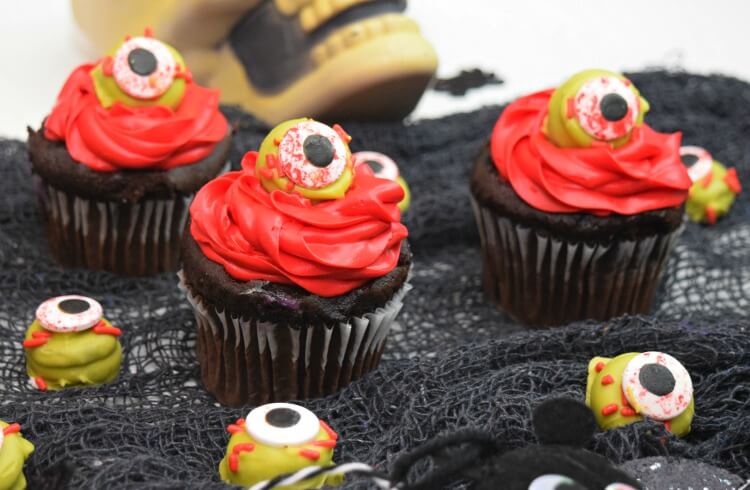 A set of three chocolate Zombie Eye Cupcakes