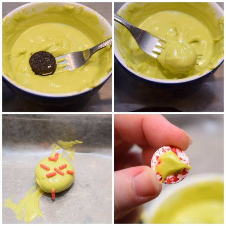 A collage of how to photos making the zombie eye OREO cookies.